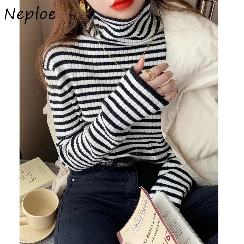 Neploe Vintage Knitted Pullover Pull Femme Turtleneck Women Stripe Contrast Color Long Sleeve Jumpers Jersey Mujer Sweaters