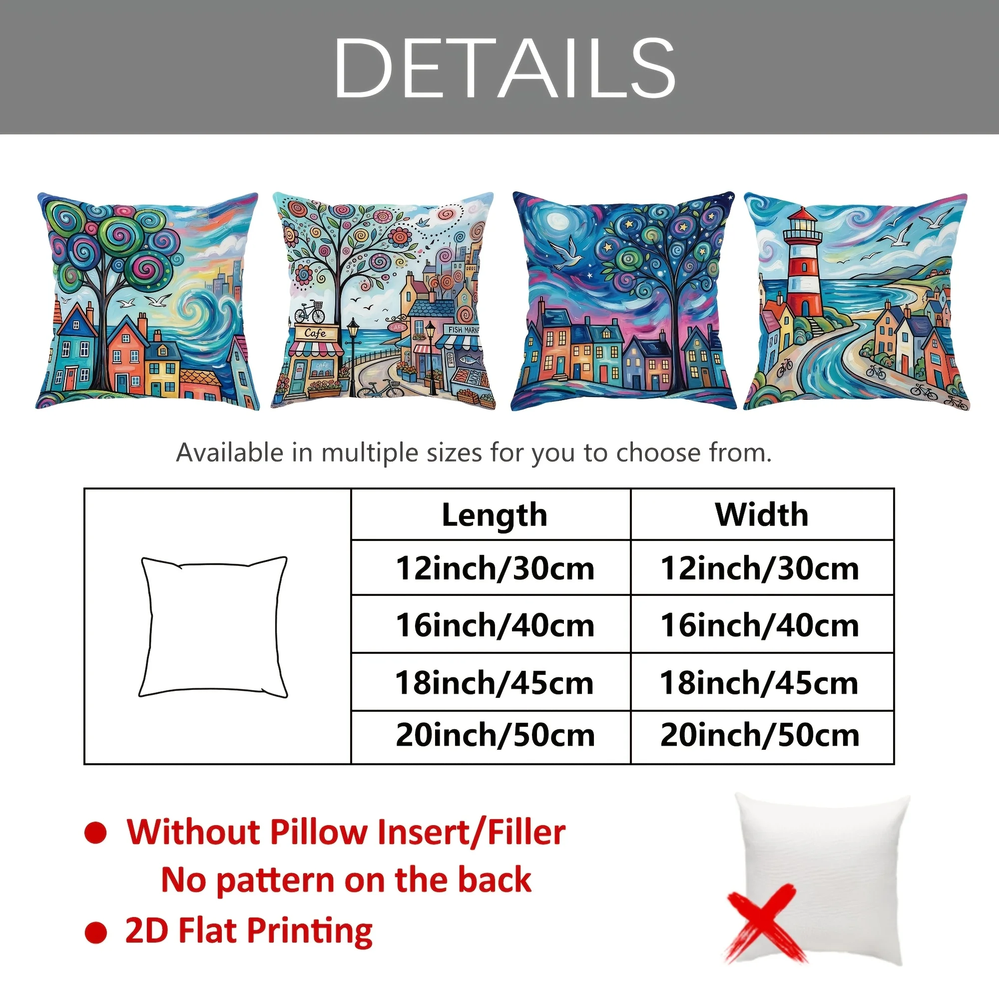 Watercolor Throw Pillow Cover Set Whimsical European Coastal Village Art Pillowcase Decorative Home Decor Cushion 45x45cm
