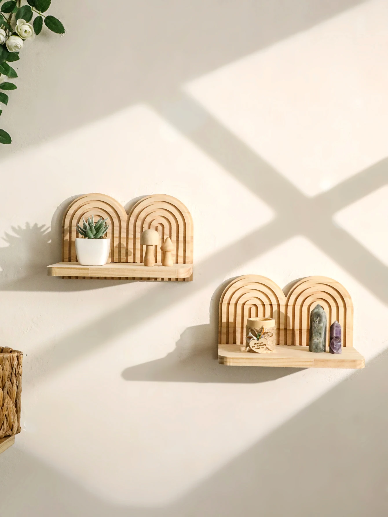 1pc Rustic Wooden Wall Mounted Shelves, Rainbow Arch Design, Decorative Display Racks for Succulents, Crystals & Home Decor Gift