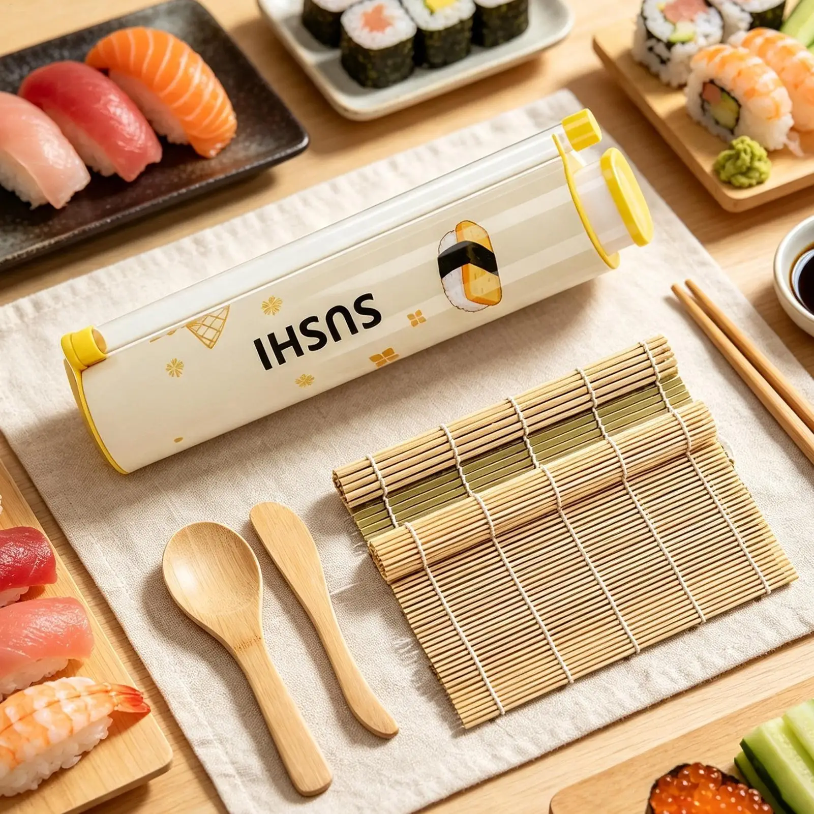 Kit para hacer sushi, máquina para hacer bolas de arroz, esterilla enrolladora, caja superior para salsa, utensilios de cocina para el hogar, picnic, camping, viajes, lonchera