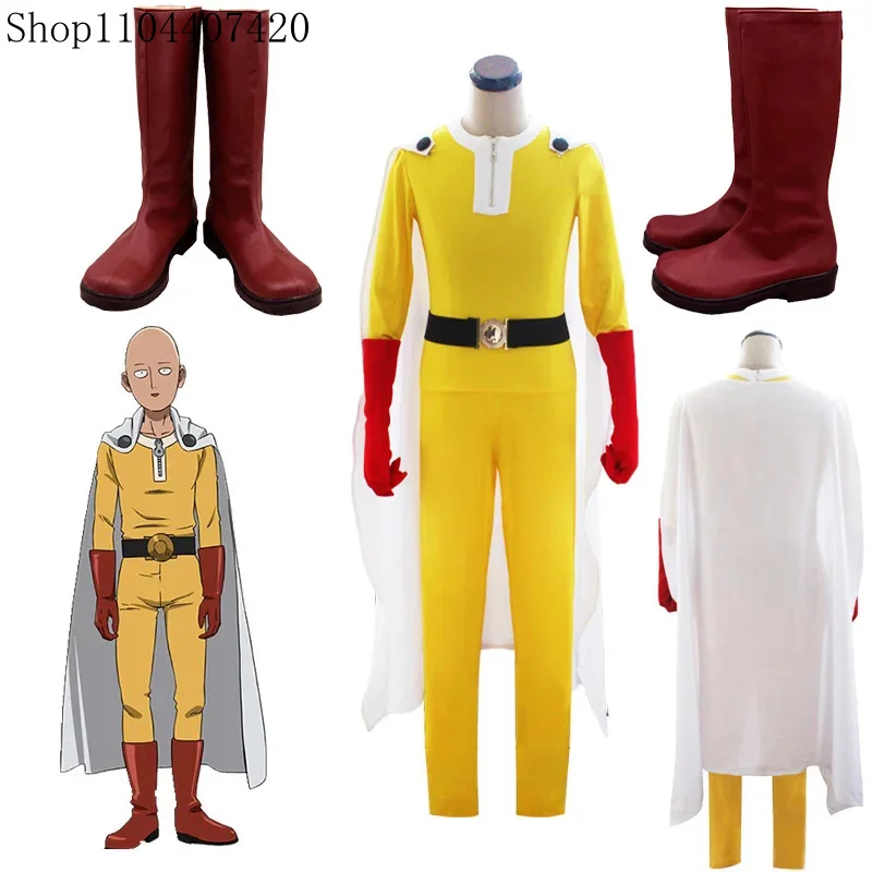 Anime One Punch-Man Cosplay Costumes Saitama Cosplay Battle Suits Red High Boots for Men Halloween Cosplay Shoes Customized Made