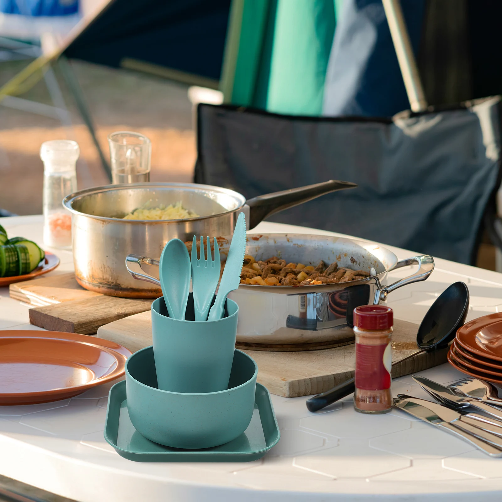 

1 set Cyan Tableware Set Unbreakable Wheat Straw Cutlery Kit Travel Dinnerware For Camping Picnic Outdoor Reusable Dishes Plates