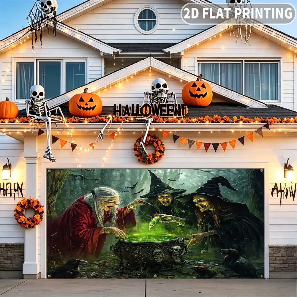 1pc 2D FLAT Halloween Party Garage Banner, Three Witches Brewing Green Potion In Forest Pattern, No Power Need, for Garage Door