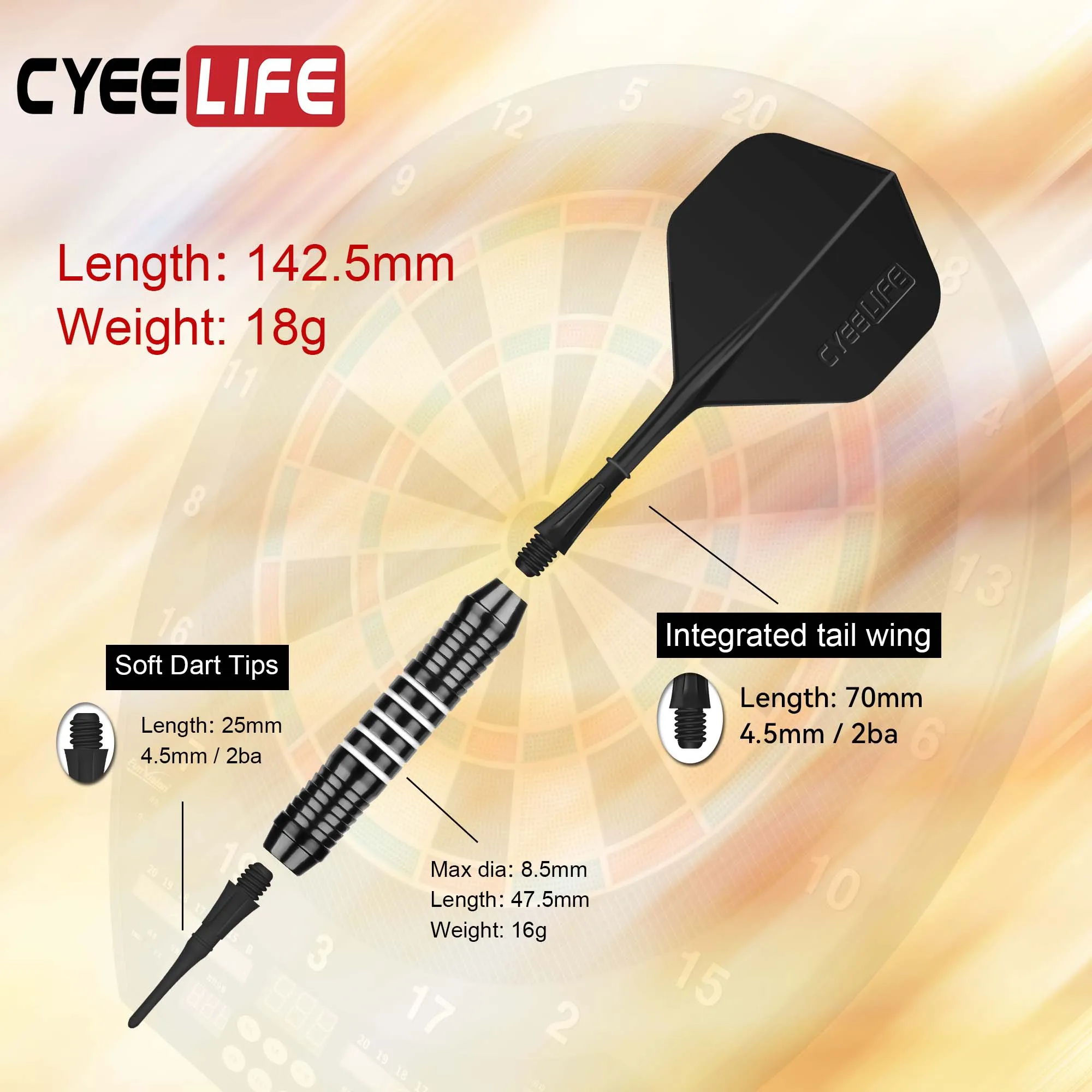 CyeeLife-Brass Soft Dica Dardos, Professional Set Dart eletrônico, Carry Case, pontos de plástico extra, voos, 18g