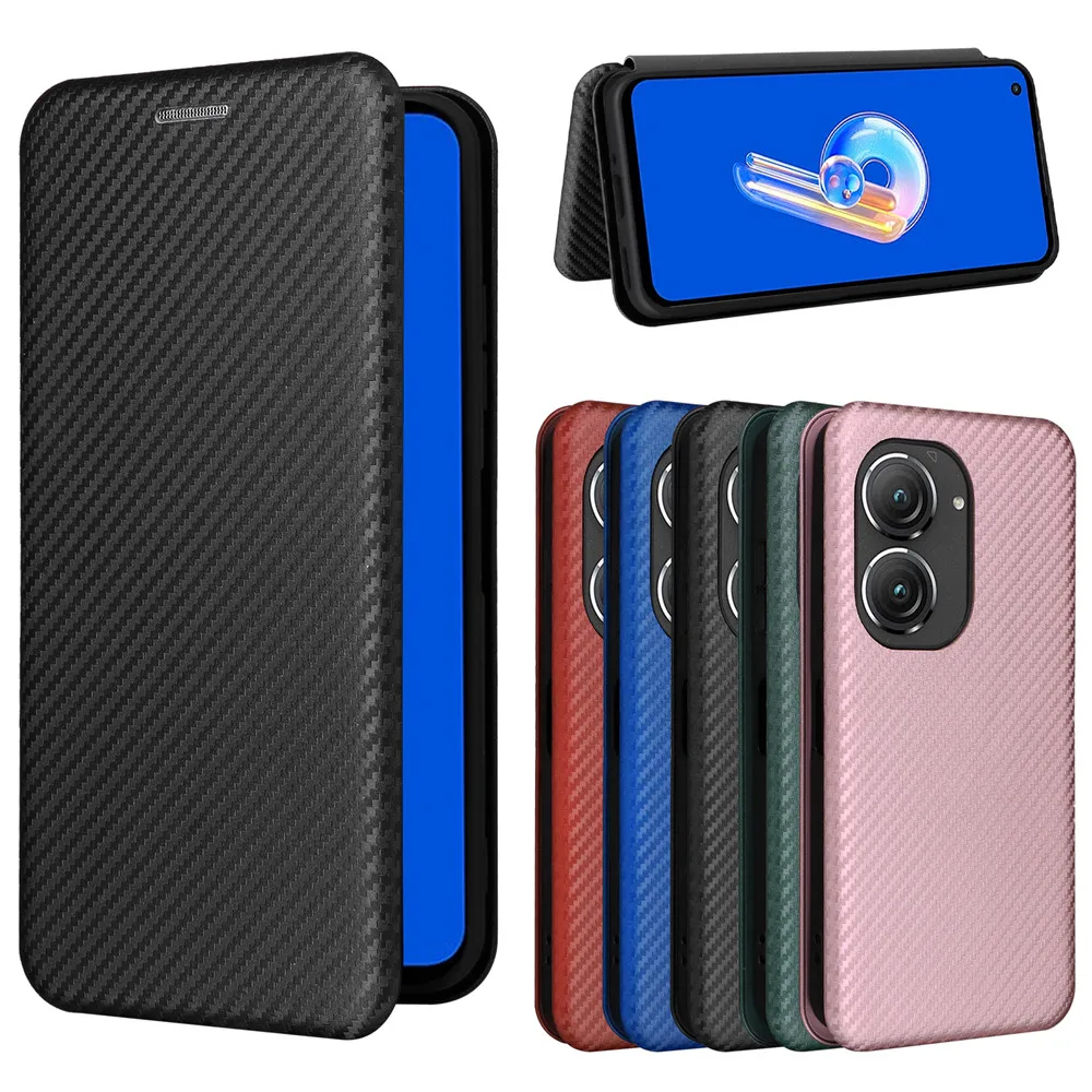 For Asus Zenfone 9 10 Case Luxury Flip Carbon Fiber Skin Magnetic Adsorption Case For Asus Zenfone9 Zenfone10 Phone Bags