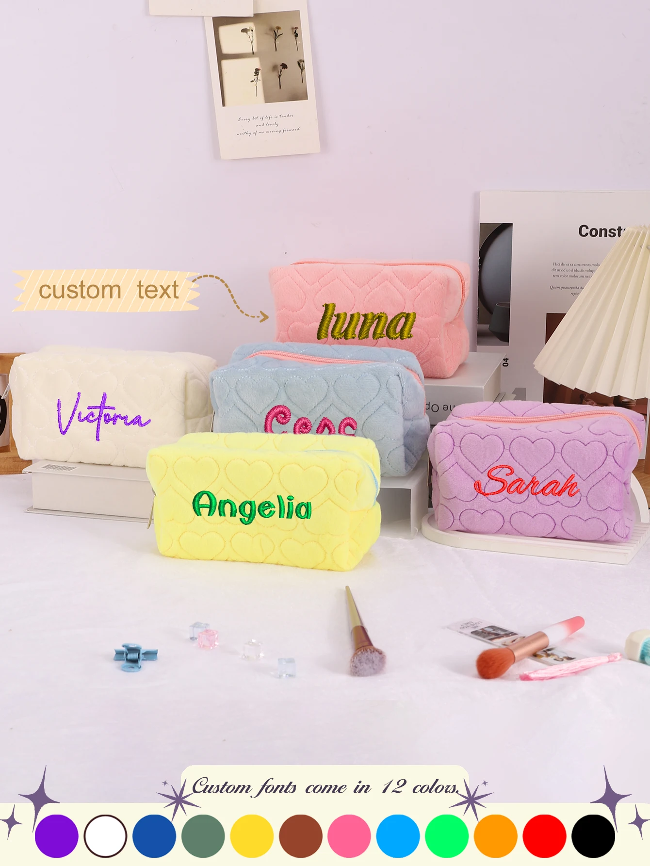 Custom Name Embroidered Heart Quilted Plush Pencil Case Soft Zipper Pen Pouch Stationery Organizer Back to School Supplies