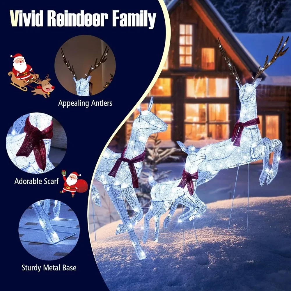 Weihnachtsbeleuchtetes Rentier-Familien-Set, vorgebundenes Weihnachtsrendier mit 255, kaltweißen LED-Lichtern, Erdspieße und Kabelbinder