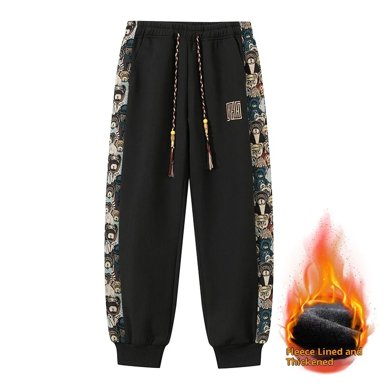 

1 Piece of Men's Fleece-Lined Thick Warm Sweatpants with Vintage Print, Side Panel Stitching, Drawstring Joggers, Comfortable Plus-Size Ethnic Style Casual Pants, Outdoor Everyday Cold-Resistant Trendy Long Pants