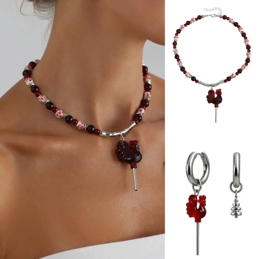 New 3D Red Rooster Necklace Adjustable Lollipop Rooster Pendant Necklaces Beads Dangle Hoop Earrings Jewelry Accessories
