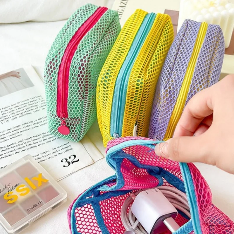 Mini Coin Purse Portable Mesh Makeup Bag Dopamine Mesh Cloth Money Lipstick Eyeshadow Storage Bag for Travelling Shoping