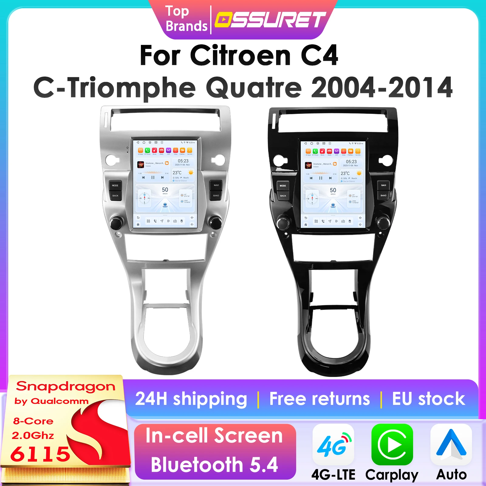 Autoradio Android 14 9,7 pouces pour Citroën C4 C-Triomphe C-Quatre 2004-2012, écran vertical multimédia, Carplay 4G 6115