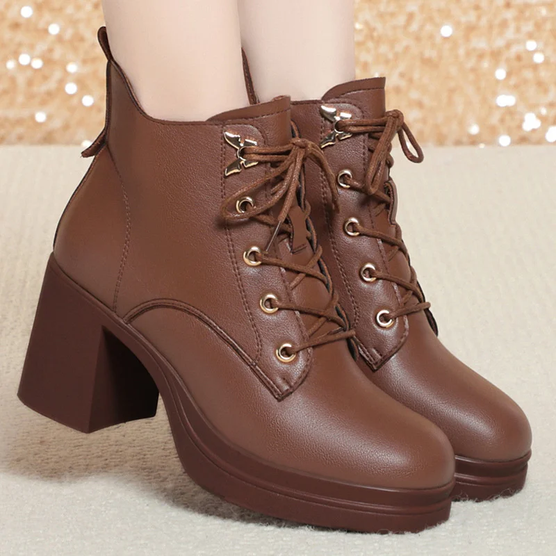 Autumn Winter Plus Velvet Casual Sneakers Thick Heel Women Ankle Platform  Leather Boots Warm Anti-slip Motorcycle Boot