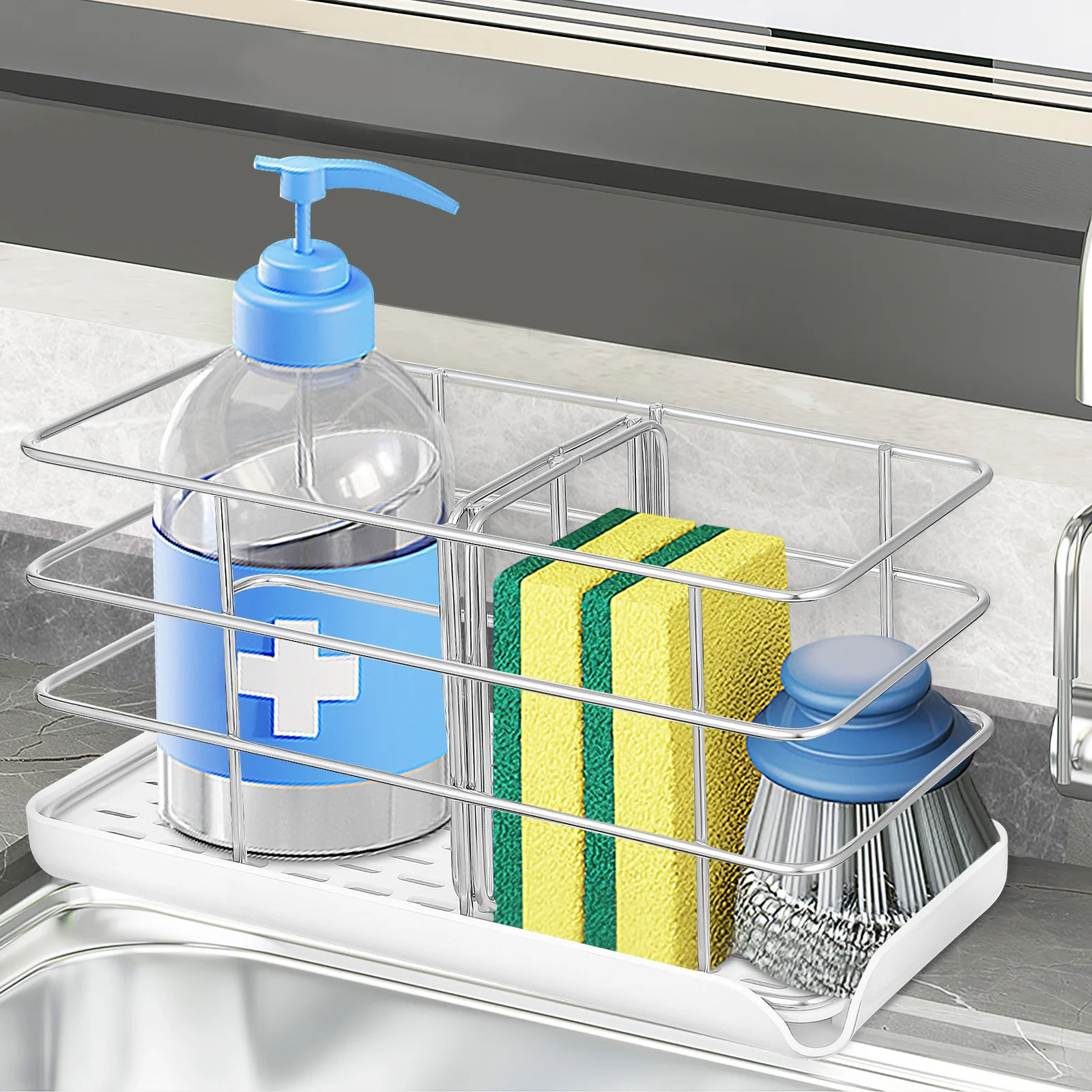 

1pcs Sponge Holder Tray Stainless Steel Kitchen Sink Organizer Rack Abs Pp Anti-Rust Drainer For Dish Sponge Brush Soap Storage