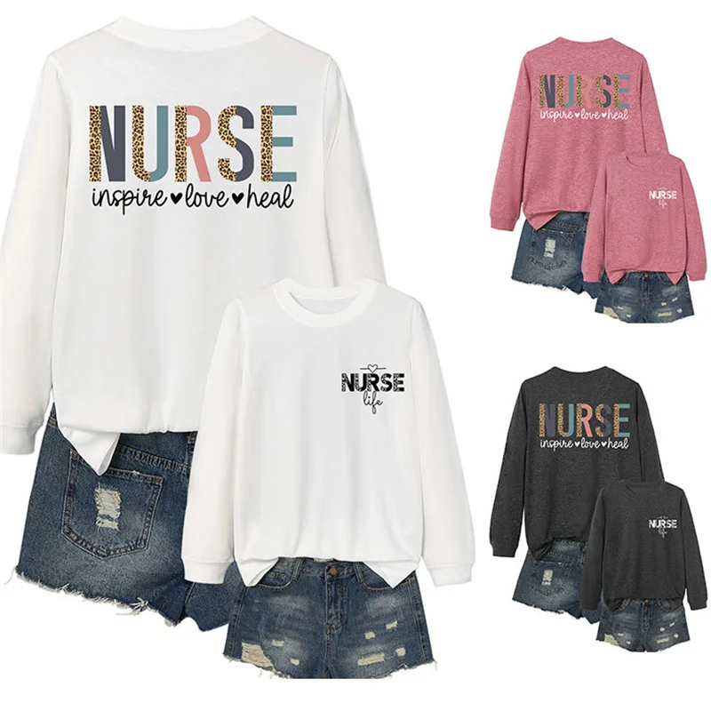 

New spring and autumn women's cotton Nurse in spire love heal Nurse leopard print letter print round neck long sleeve T-shirt