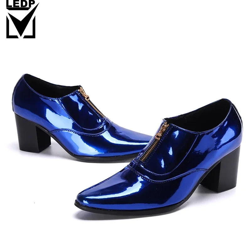 

New Fashion Blue Patent Leather Men Formal Dress Shoes Big Size High Heel Party Man Shoes Club Jazz Dancer Thick Heel Ankle Boot