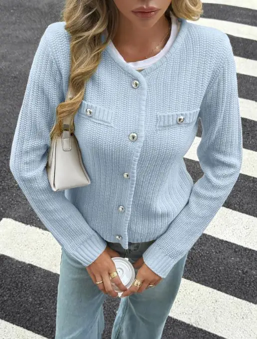 

Women's Sweater 2025 Spring Autumn New Solid Color Round Neck Long Sleeved Versatile Casual Daily Single-Breasted Sweater