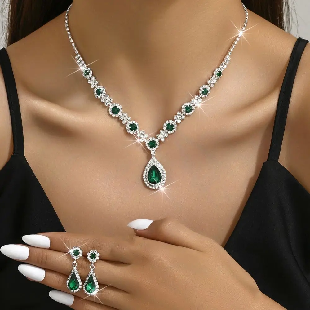 3pc Women's Crystal Droplet Necklace Earrings Set