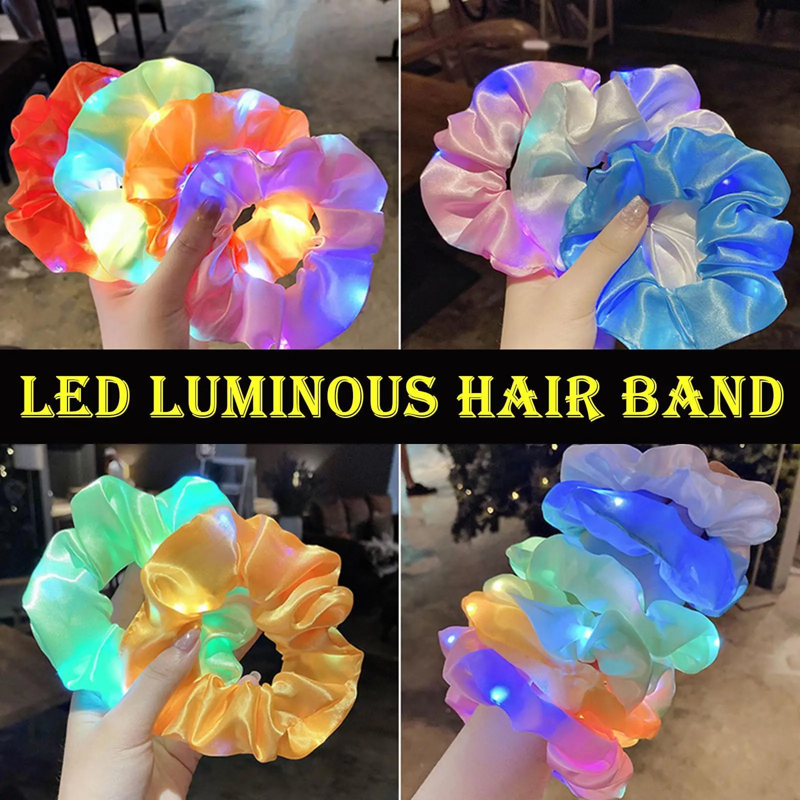 LED Luminous Hair Band Light Up Elastic Ponytail Scrunchies Glow In The Dark Hair Ties Halloween Xmas Party Hair Accessories