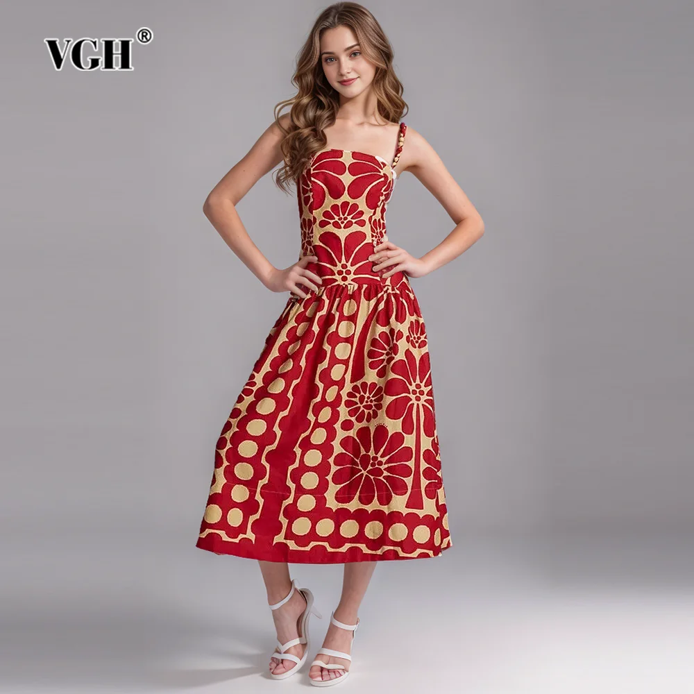 

VGH Hit Color Printing Camisole Dresses For Women Square Collar Sleeveless High Waist Patchwork Belt Elegant Dress Female New