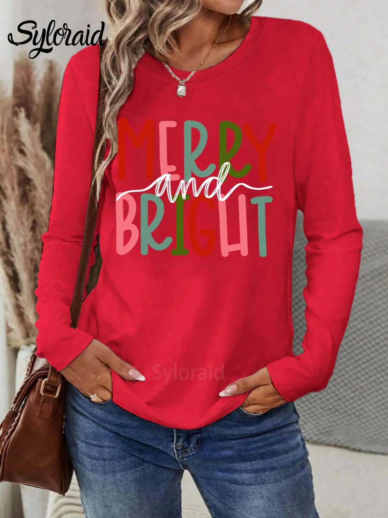 تي شيرت نسائي بأكمام طويلة مطبوع عليه Merry and Bright تي شيرت عيد الميلاد العائلي قميص عصري برقبة دائرية كاجوال #3