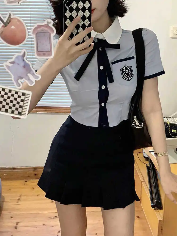 

Korean College Style JK Uniform Set Short Sleeve Shirt Top Women Summer Pleated Skirt Half-length Skirt Two-piece Set