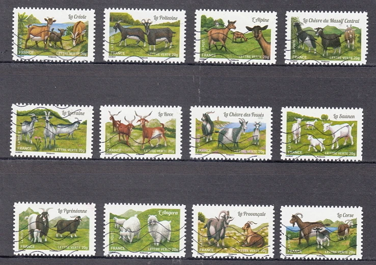 

Настоящие использованные французские почтовые марки, год 2015, овца во Франции, полный набор, 12 коллекционных почтовых марки, материал для скрапбукинга