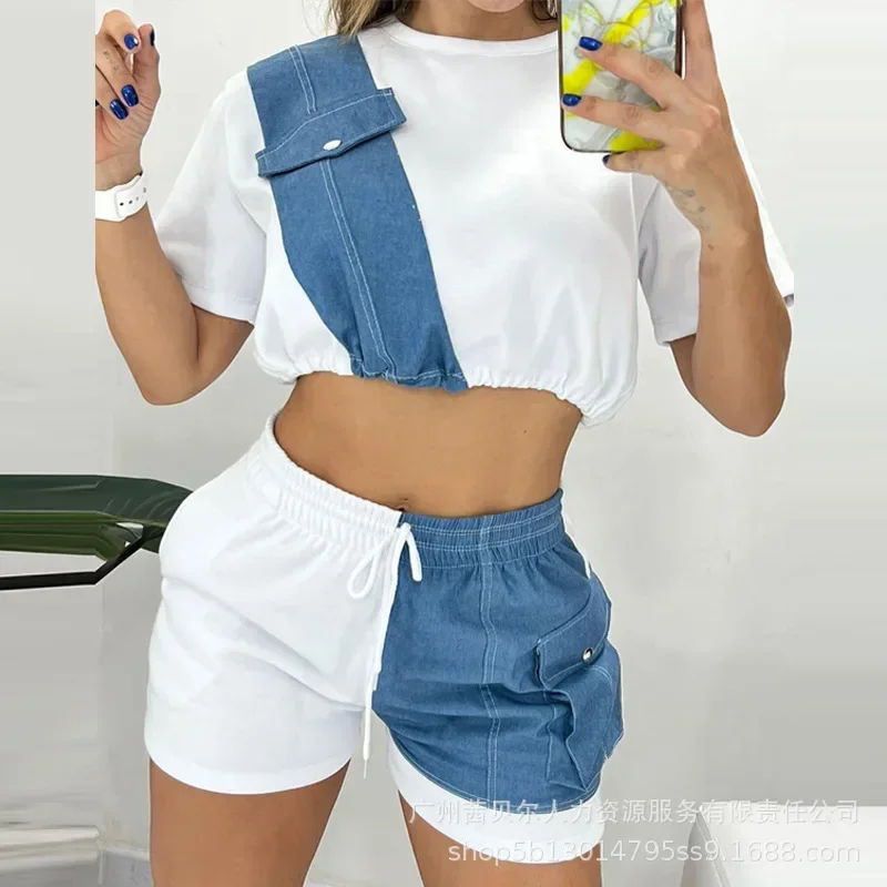 

Women 2025 New Denim Stitching Short Sets O Neck Short Sleeve Crop Top Elastic Drawstring Lace Up Pocket Suits Female Streetwear