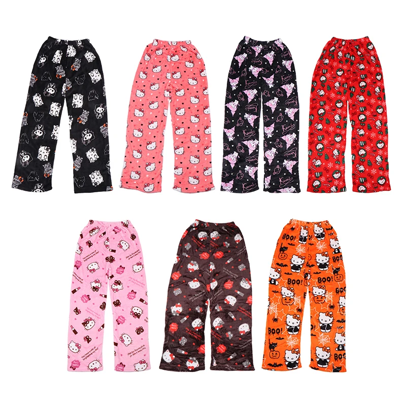 Sanrio Hello Kitty Pajamas Cartoon Kuromi Flannel Trousers Pajamas Long Pants Casual Home Pant Halloween Christmas Gift