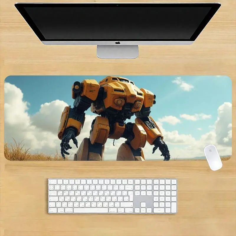 لوحة ماوس ألعاب ممتدة من Epic Yellow Mech Robot، طباعة Sci-Fi Desert Landscape HD، حصيرة مكتب غير قابلة للانزلاق لألعاب الكمبيوتر/المكتب، عيد الميلاد