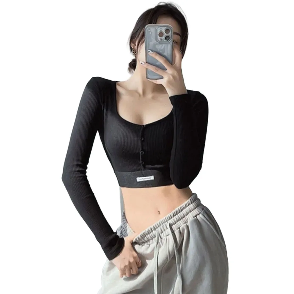 Women Long Sleeve Crop Tops with Square Neckline Button Detail Slim Fit Y2k Korean Casual T Shirts for Multiple Seasons