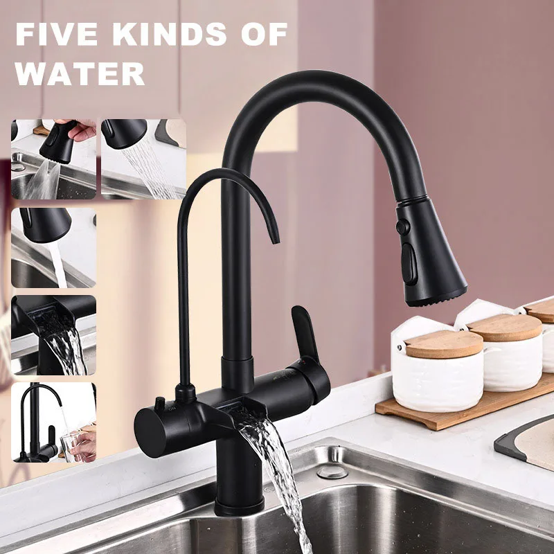 Black Filtered Kitchen Faucet Pull Out Waterfall Kitchen Mixer Sink Taps Purification Water Drinking Water Taps