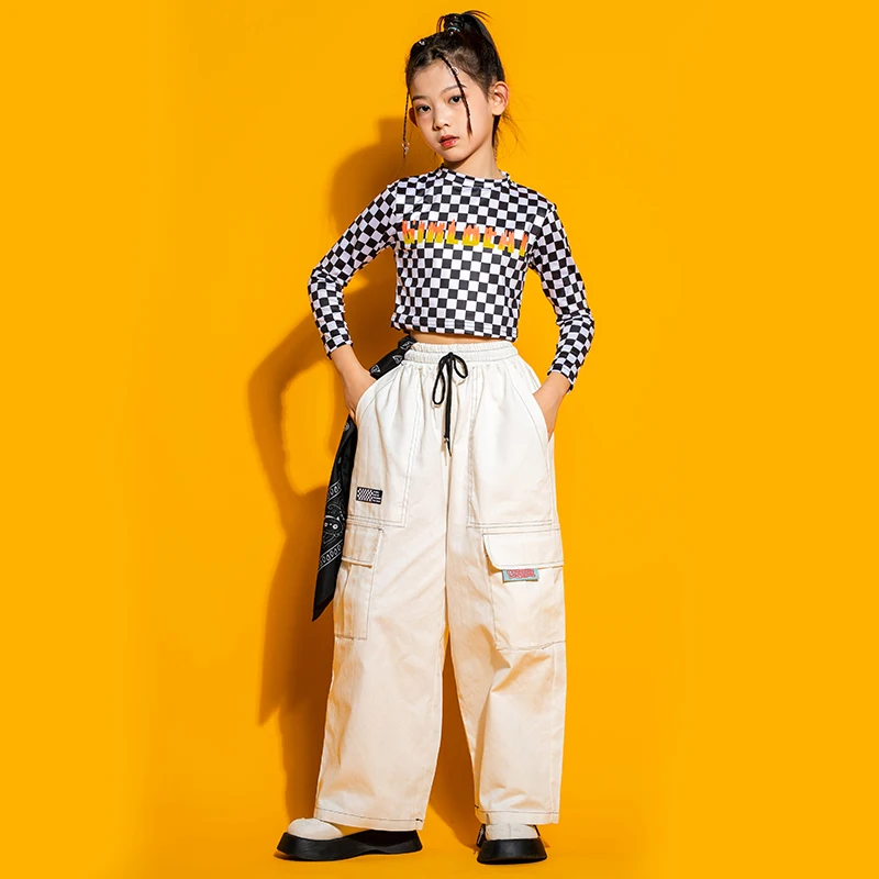 Kids Cool Hip Hop Clothing Checkered Sweatshirt Crop Tank Tops Casual Streetwear Cargo Pants For Girl Jazz Dance Costume Clothes