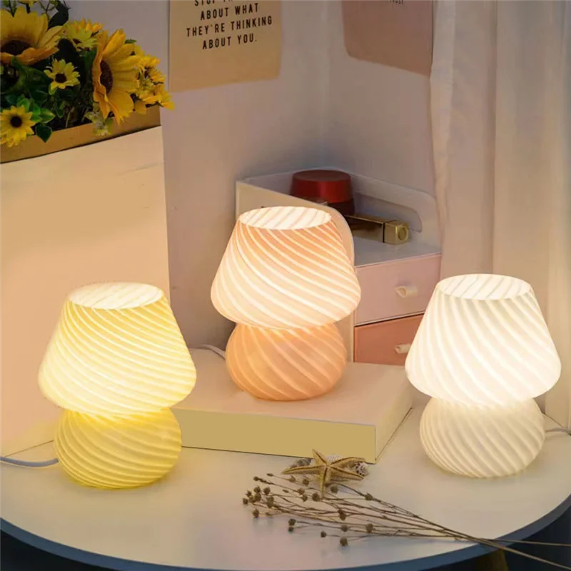 Glass LED Desk Lamp Mushroom Shaped Table Lamp Bedroom Bedside Kids Room Desk Table Lamp Decoration A