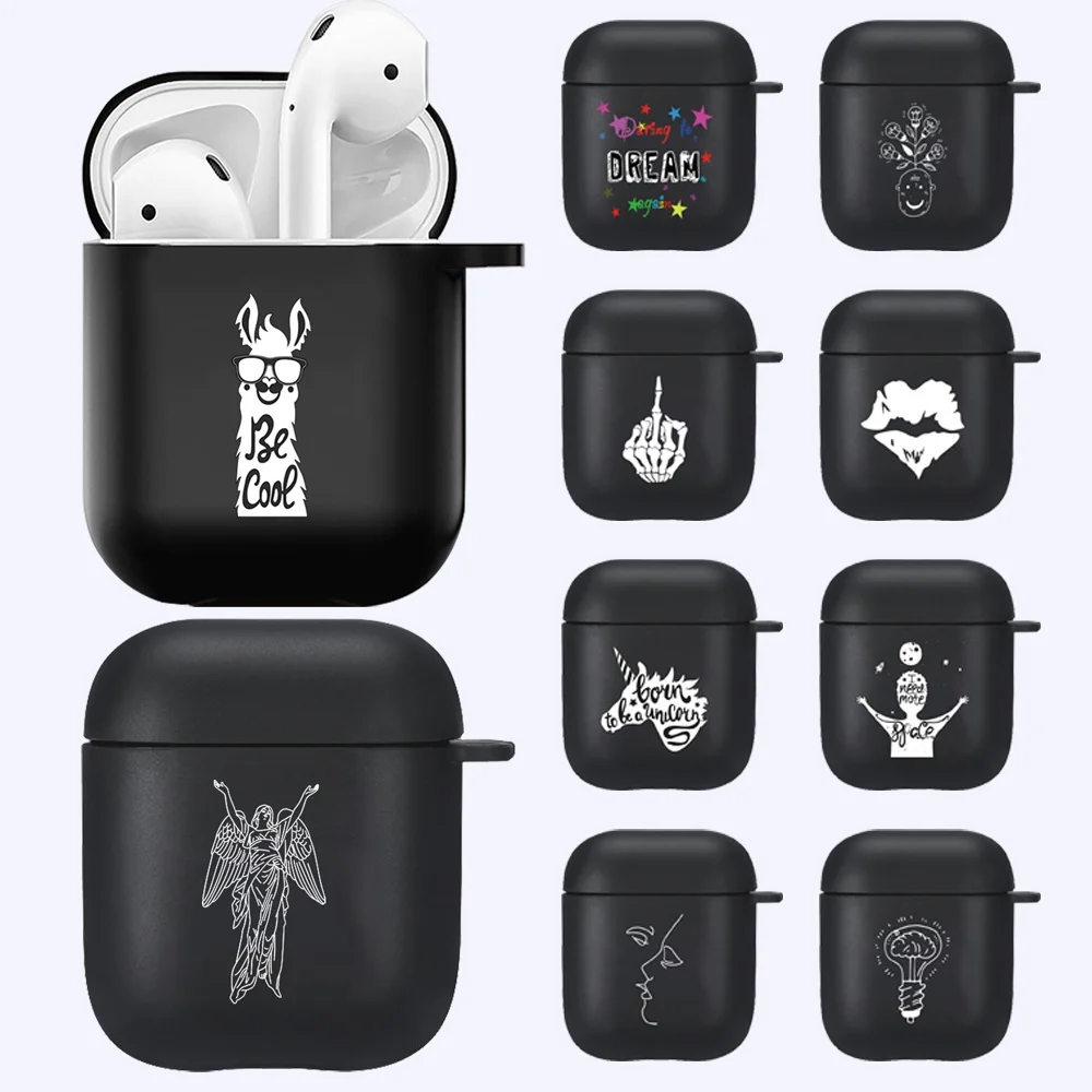 

Earphone Case for Apple Airpods 1st /2nd Gen Black Soft Silicone Cover White Picture Pattern Wireless Bluetooth Headphone Cases