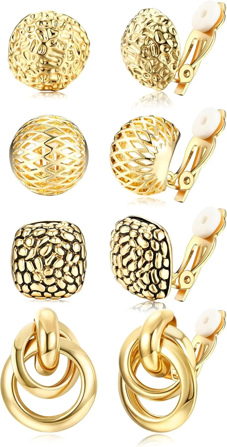 

4 Pairs of Clip on Earrings for Women in Gold and Silver, Large Hoop Earrings with Drop
