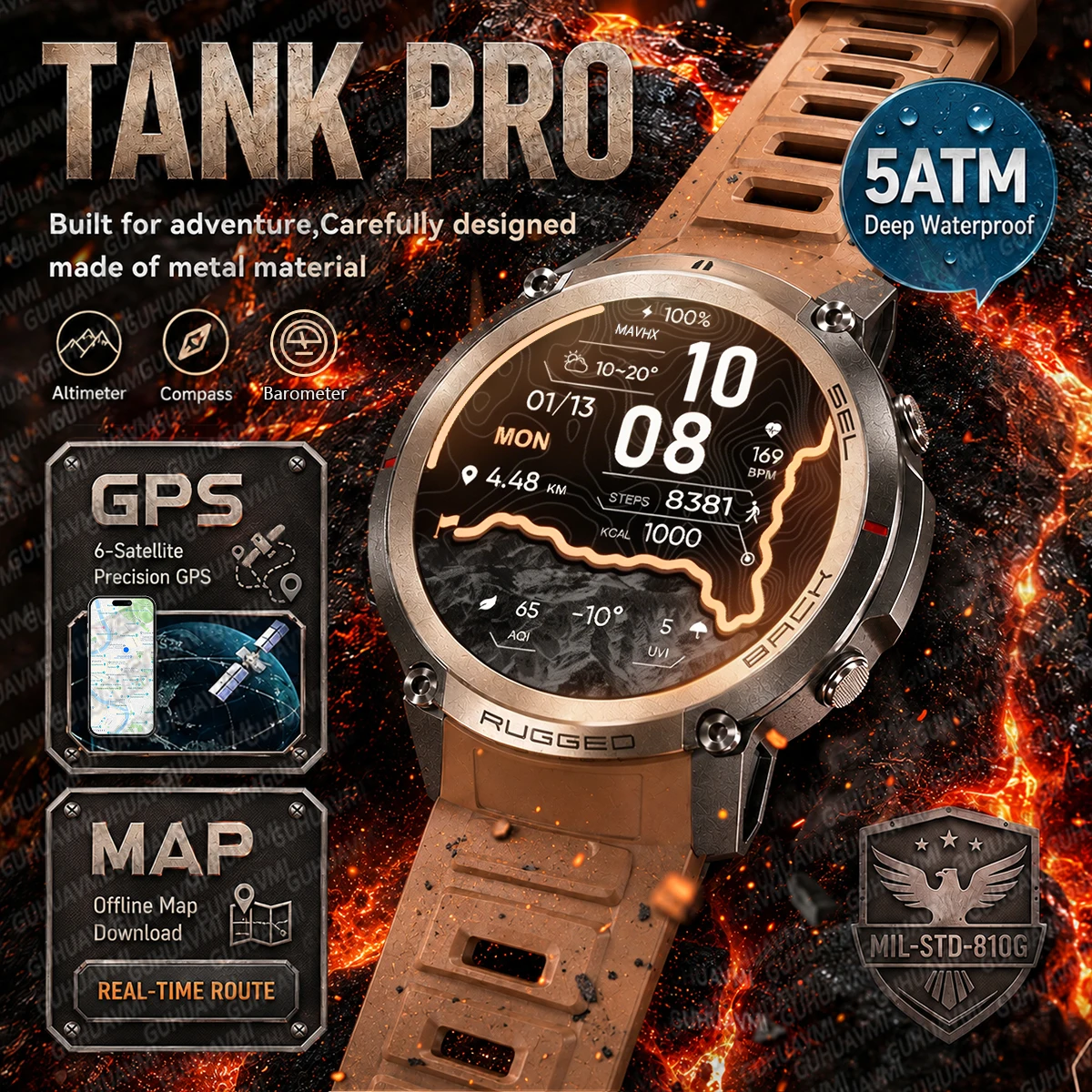 

2026New Tank Pro Offline Map Sports SmartWatch GPS Satellite Position 5ATM Compass Bluetooth Call Fitness Heart rate Watches Men