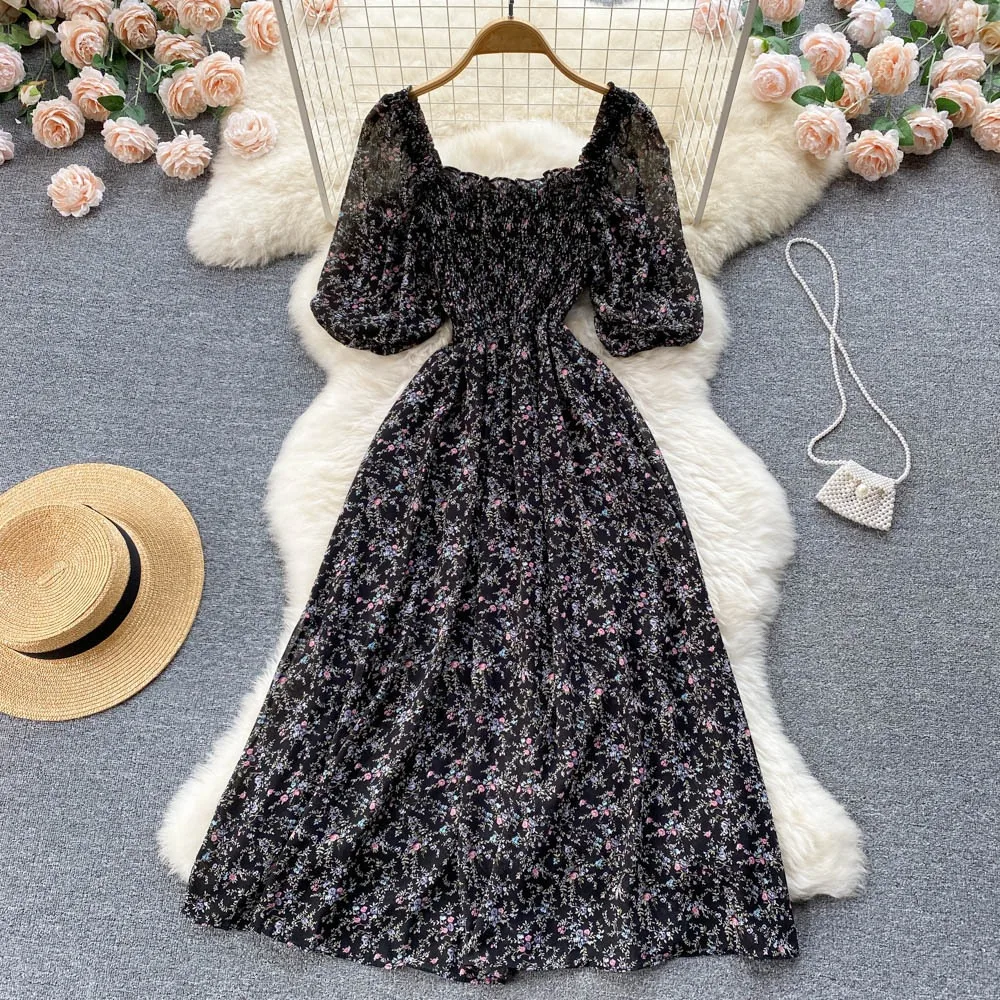 YuooMuoo Korean Fashion Floral Print Chiffon Party Dress Summer Two Layers Puff Sleeve Vacation Women Dress Beach Vestidos