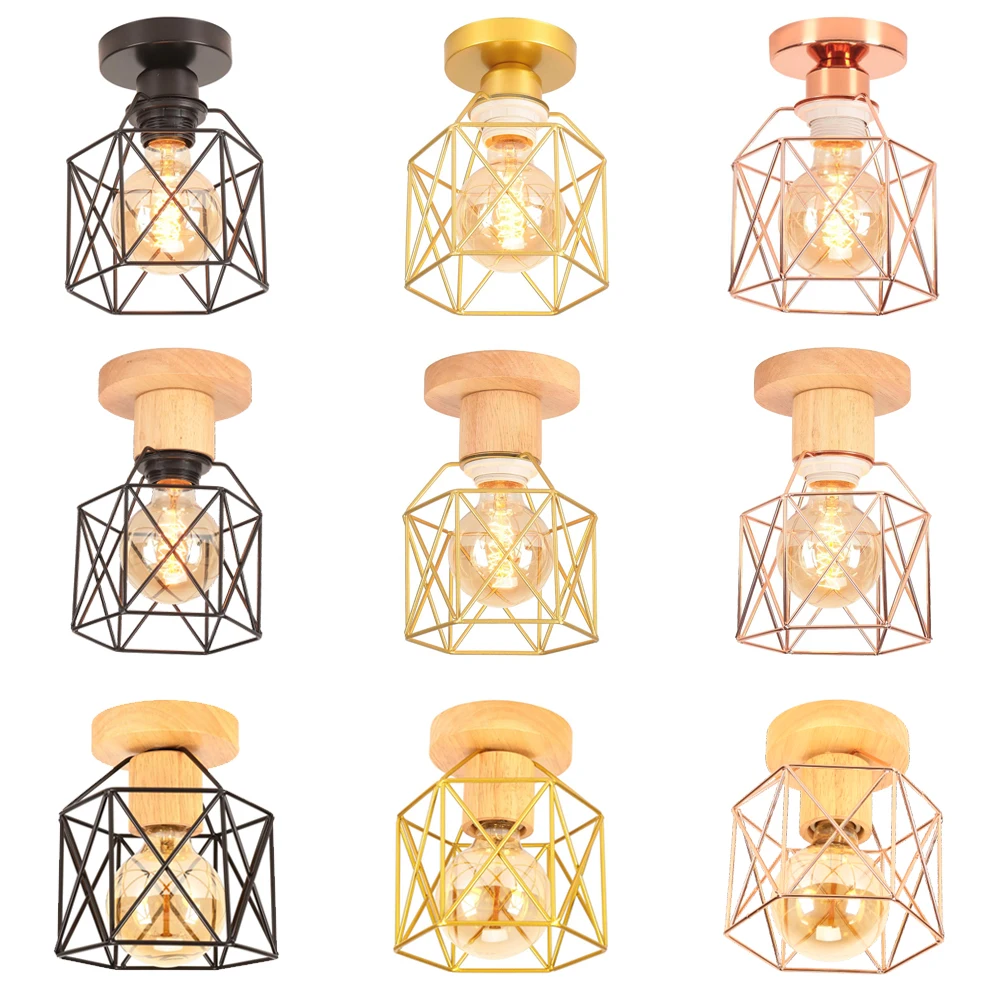 

Modern Nordic Wood Ceiling Lamp Wrought Iron E27 Led Ceiling Light for Kitchen Living Room Bedroom Balcony Restaurant Cafe Home