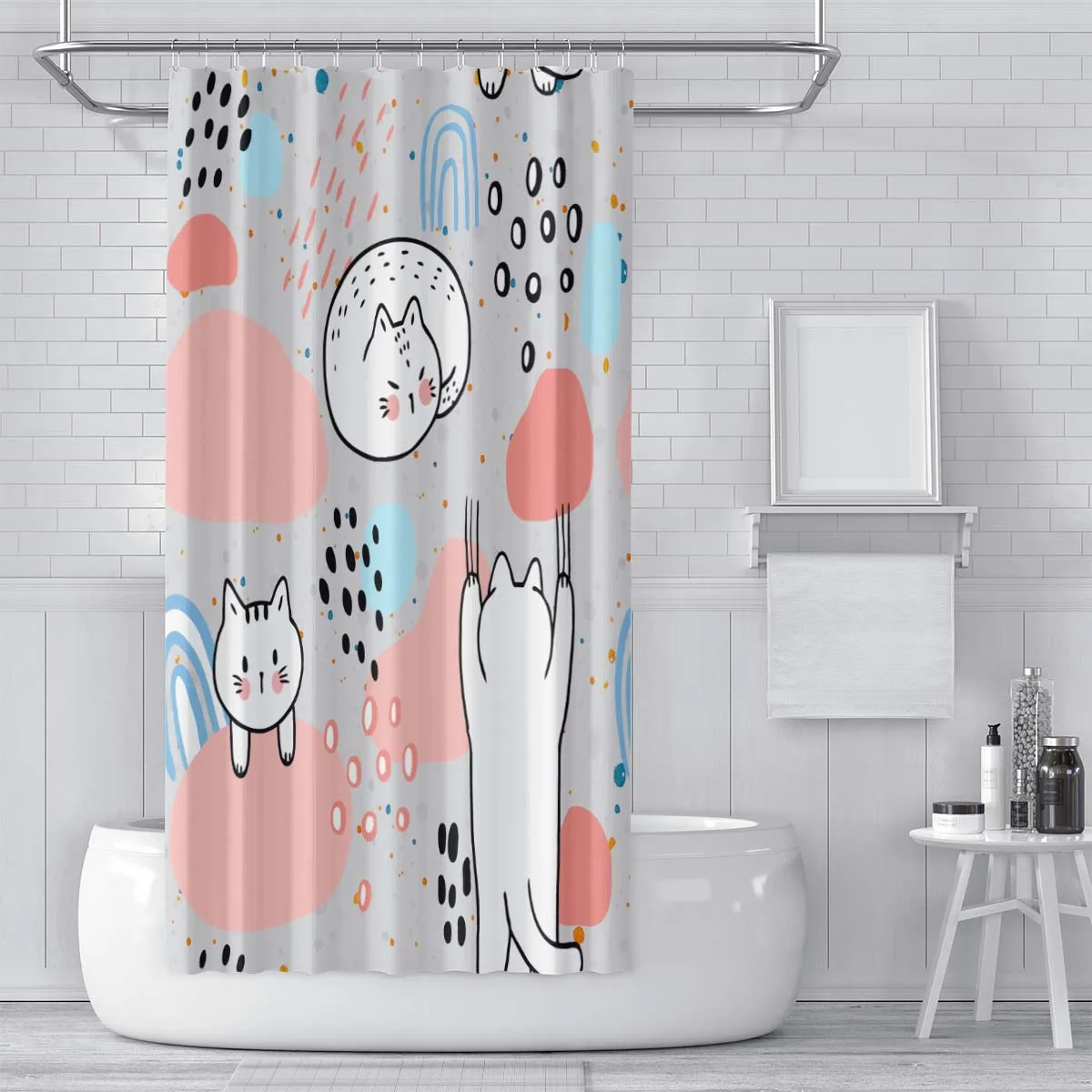 180x180cm bathroom waterproof polyester shower curtain, mold resistant, perforated with hooks, light gray pink cartoon kitten