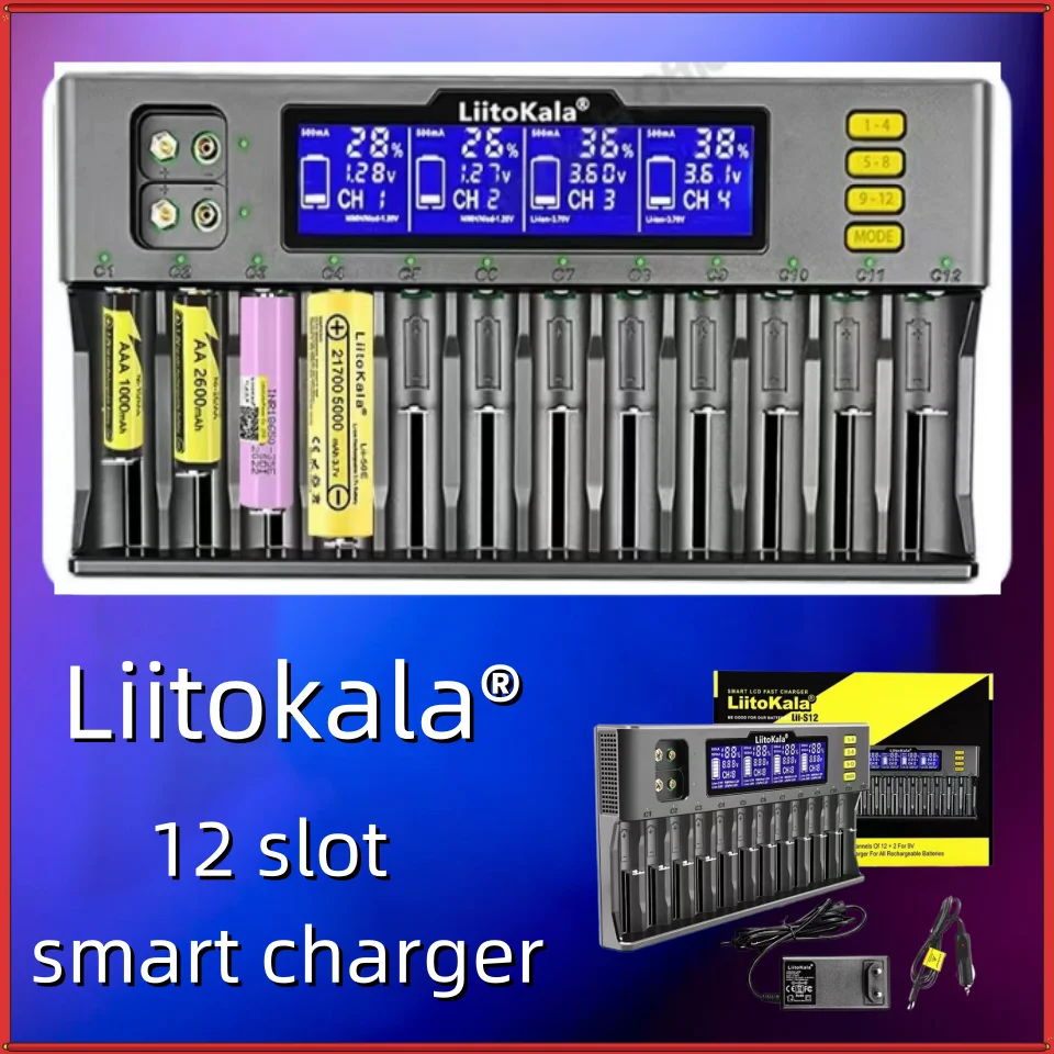 LiitoKala Lii-S12 Lii-S8 S6 S4 18650 21700 26650 9V Battery Charger LCD 1.2V 3.8V 3.2V 3.7V 26700 20700 IMR NiMH/Cd AA AAA 14500