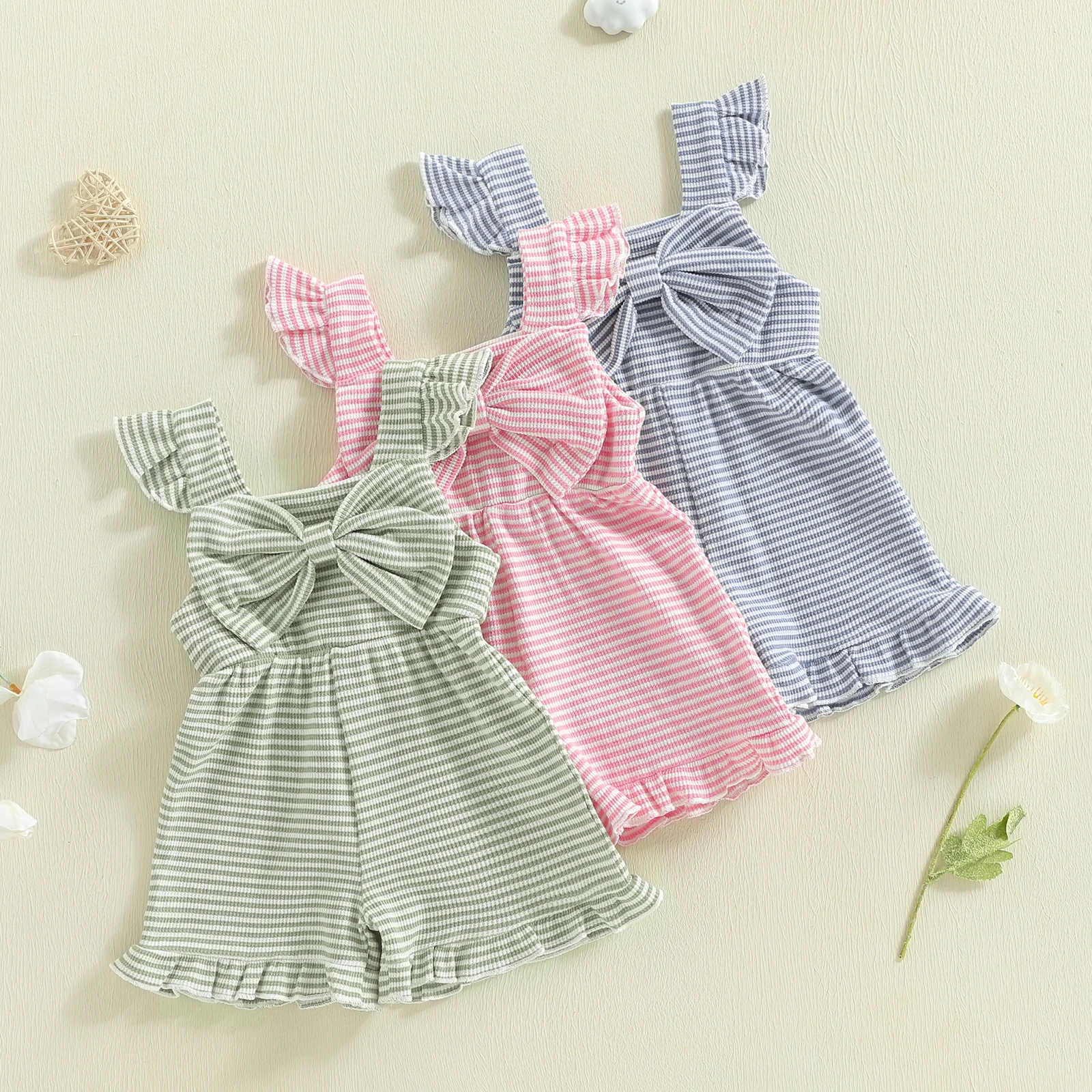 Summer Toddler Baby Girls Striped Jumpsuits Cute Sleeveless Square Collar Ruffles Bowknot Rompers Ruffles Shorts Overalls