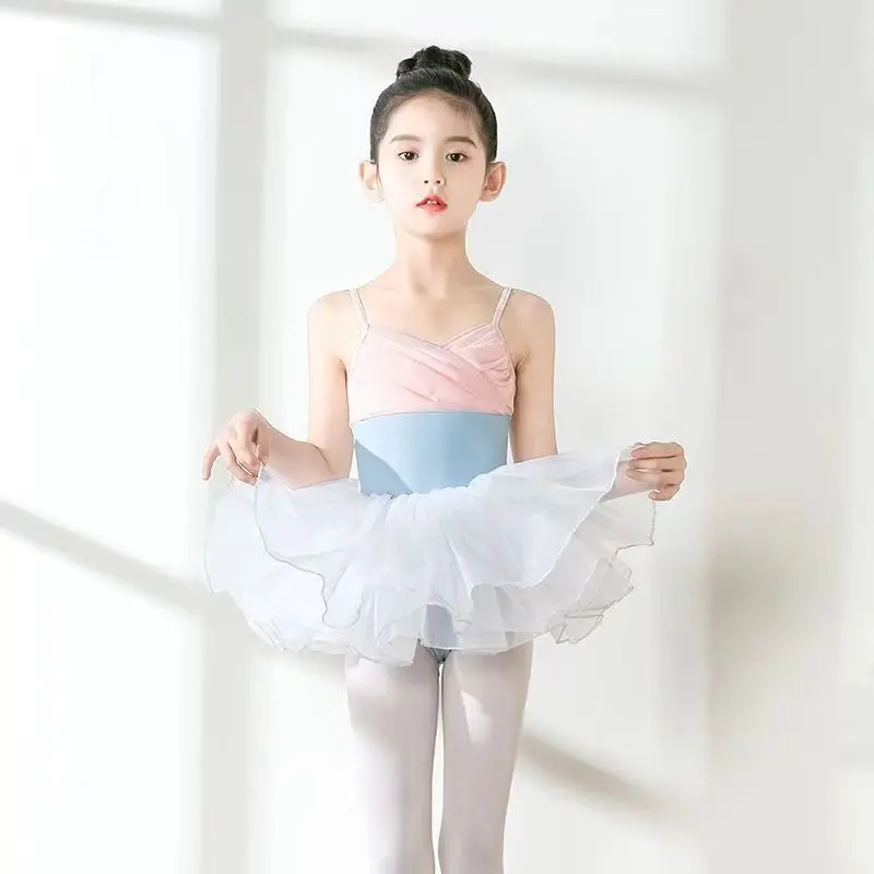 Girls Ballet Dance Dress Kids Child Sleeveless Stitching V-Neck Gymnastics Leotard Practice Professional Stage Dance Wear