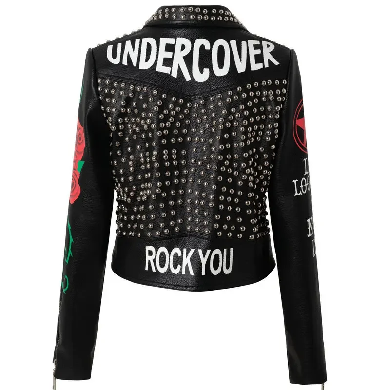 Black Cropped Leather Jacket Women 2024 Trend Punk Style Slim-fit Zipper Short Streetwear Printed Studded Motorcycle Jackets