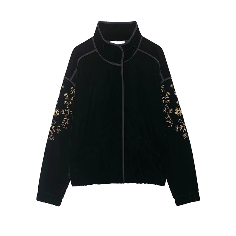 

YENKYE Women Floral Embroidery Velvet Jacket High Neck Long Sleeve Black Winter Coat Streetwear Vintage Female Outerwear