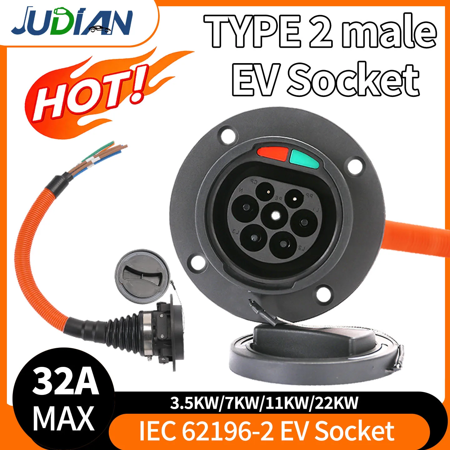 Type2 EV Vehicle Side Aging Test Socket, 7 Pin AC Charging Port for European Standard Electric Car Male Connector
