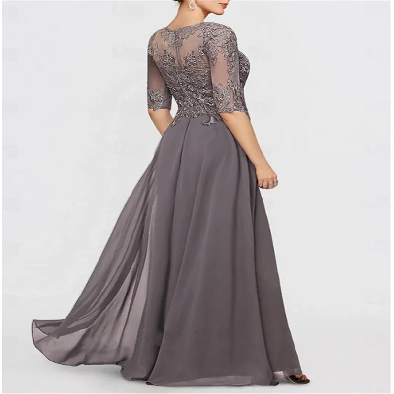 فستان سهرة على شكل حرف A فستان أم أنيق رسمي طول الأرض 3/4 كم طول رقبة على شكل V جيب ساتان مع فتحة مخصصة