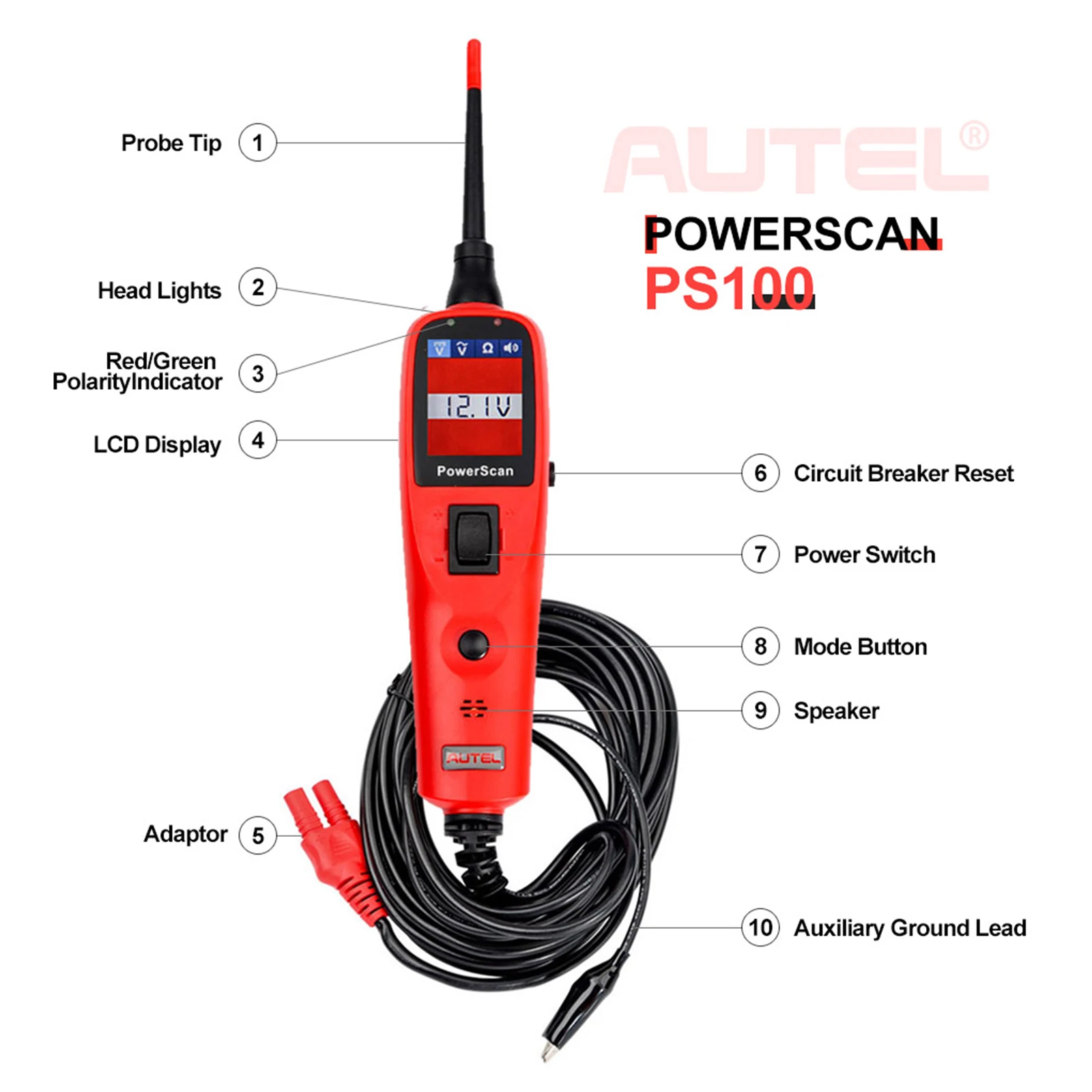 Autel PS100 PowerScan Circuit Tester Universal 12V 24V Automotive Power Circuit Probe Kit AC/DC/Continuity/Probe/Signal Test