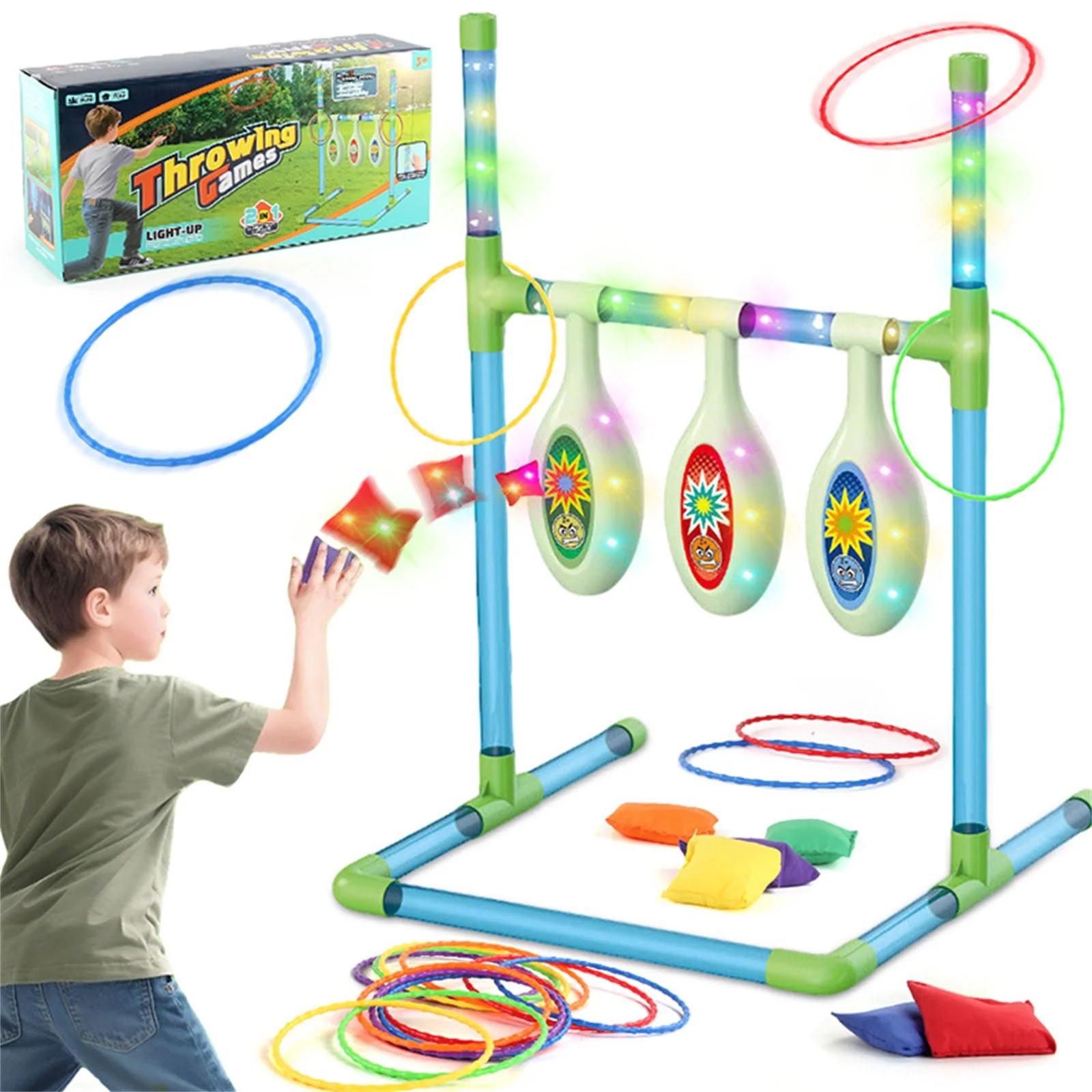 Novo 2026, Suporte de Jogo de Arremesso de Sacos de Areia para Ambientes Internos e Externos com Luzes, Brinquedo 2 em 1 Competitivo para Dois Jogadores: Arremesso e Jogo de Argolas