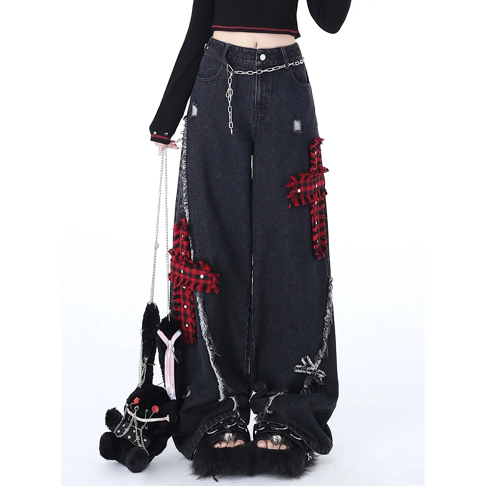 Gothic Vintage Punk Rock Jeans Baggy Woman Japanese Style Denim Pants Korean Fashion Embroidery Drape Punk New Style Trousers