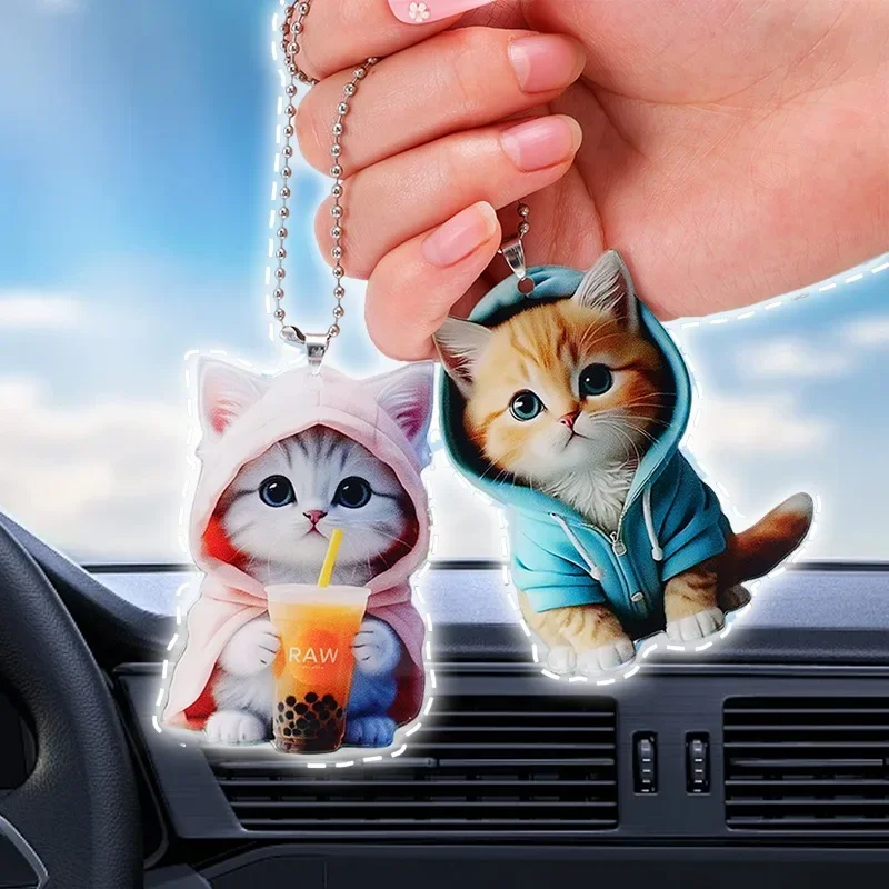 New Cartoon Hoodie Dressed Cat Ornament Pendant Acrylic Keychain Car Rearview Mirror Bag Animal Hanging Auto Pendant Accessories